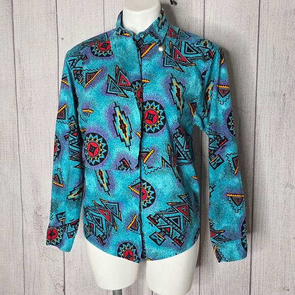 VTG 80s Wrangler Teal/Multicolor Aztec Western Button Up, size Medium - Picture 4 of 9
